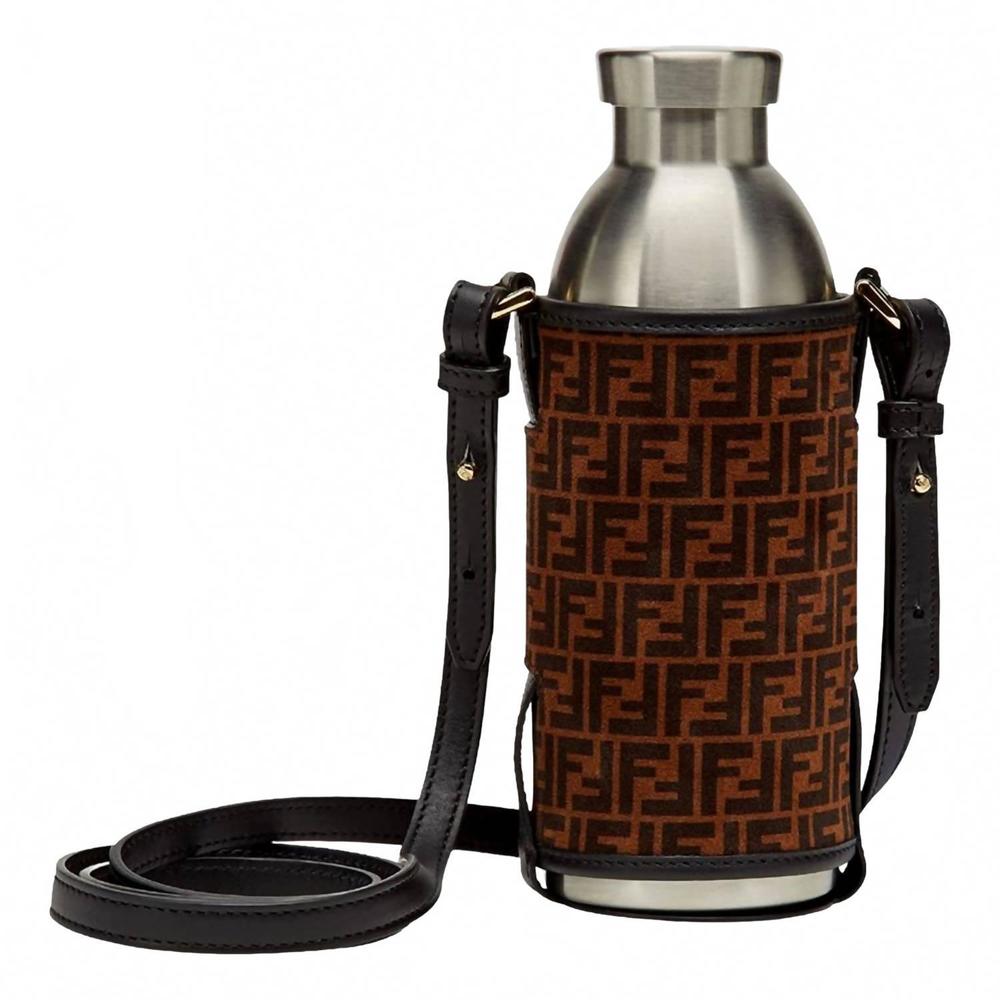 NEW FENDI ff print suede bottle holder crossbody 2 piece set in brown